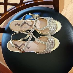 Nina Gold T-strap Rhinestone Heels